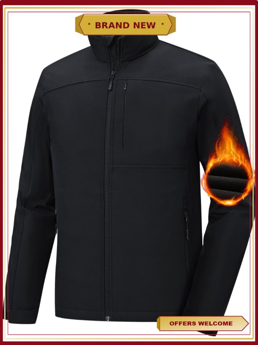 Men's Softshell Jacket Waterproof Windbreaker Fleece Lined Stand Collar